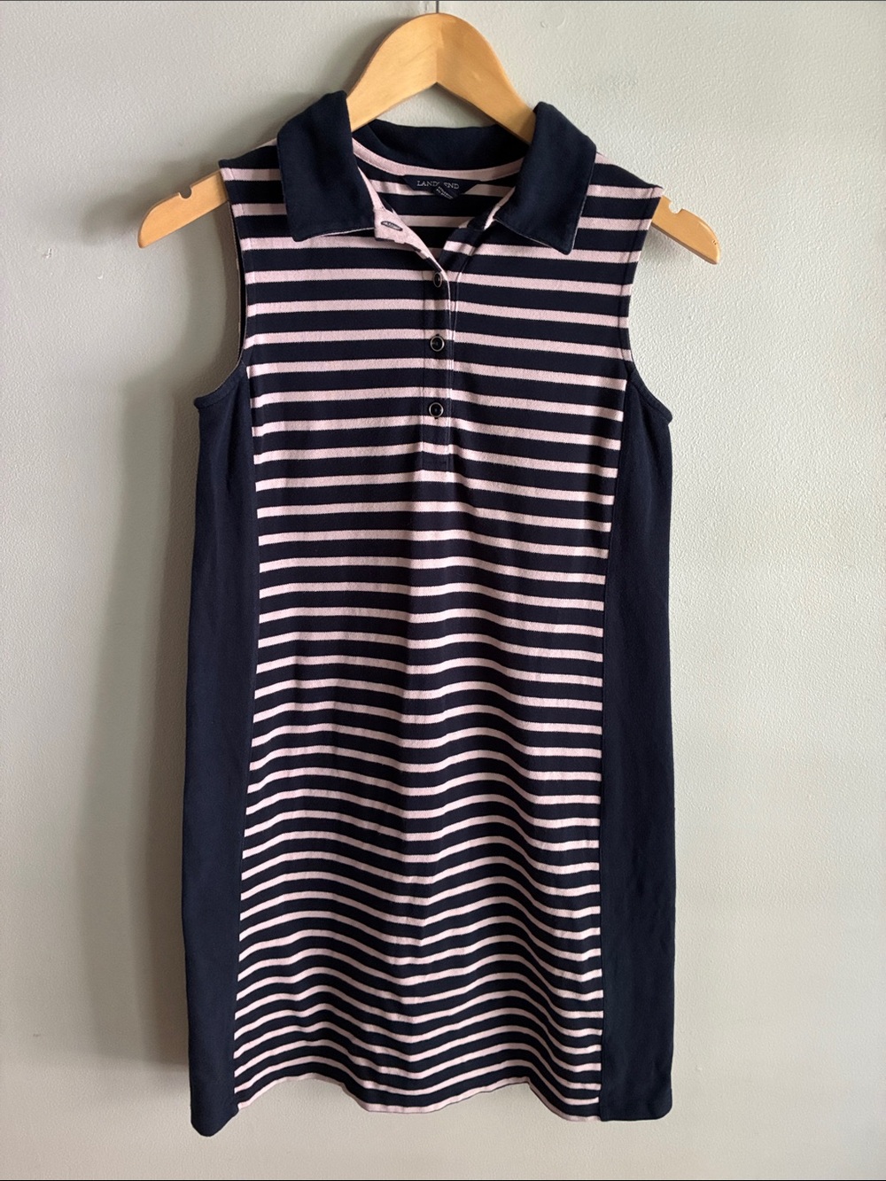 Lands’ End XS Sleeveless Polo Dress Navy Pink Stripe Stretch Cotton Golf Casual